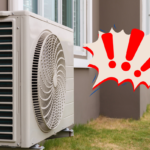 An HVAC unit with a graphic of a speech bubble and exclamation points next to it.