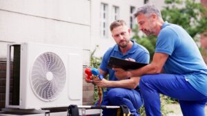 Two HVAC technicians inspect the readings on a device.
