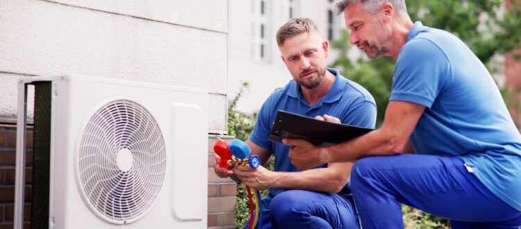Two HVAC technicians inspect the readings on a device.